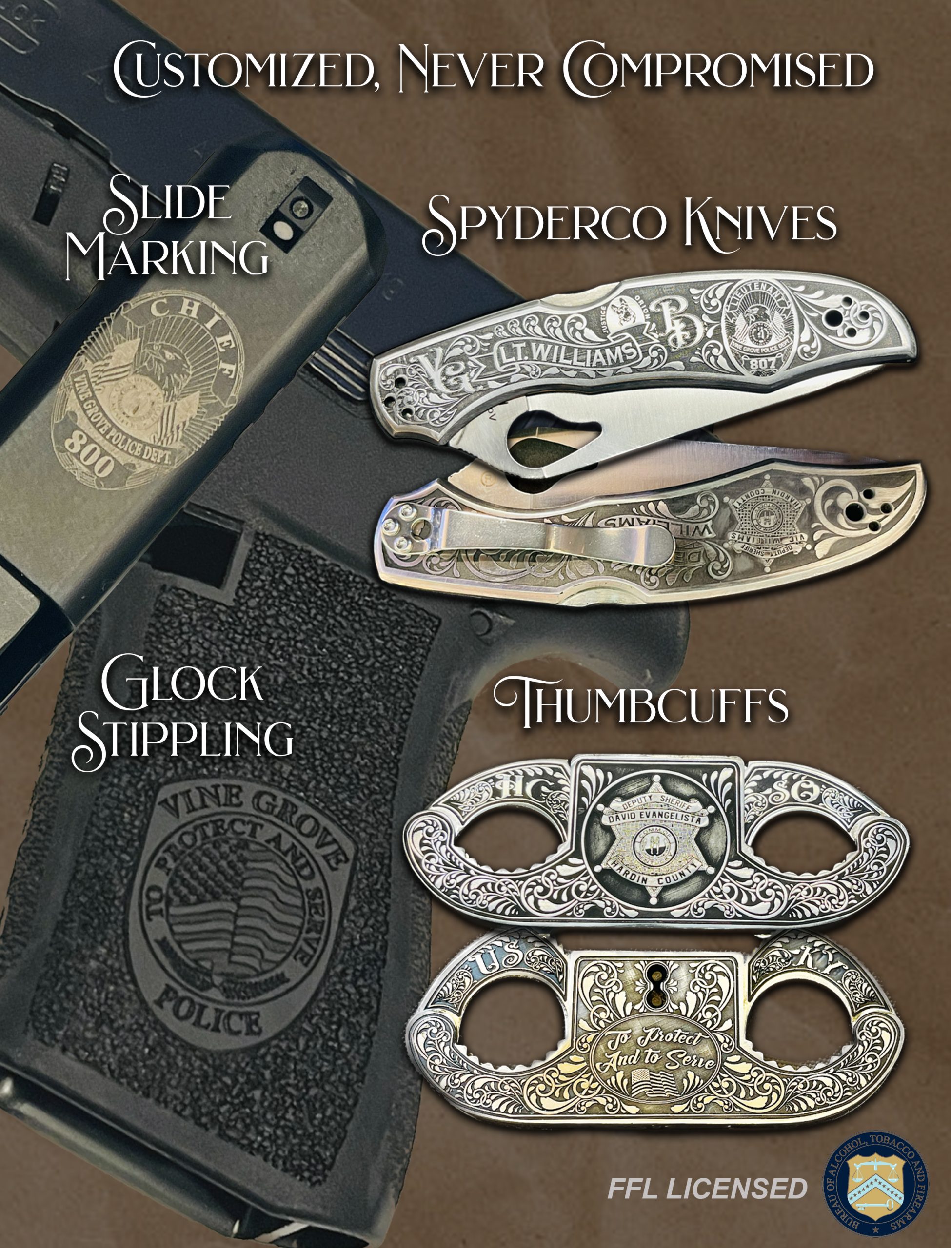 A collection of deep engraved products like a Knife, Thumb Cuffs, Handcuffs, and Stippling of a Glock Frame, annealed glock slide.