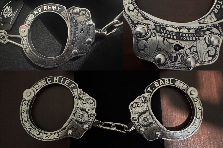 A photo of a pair of deep engraved cuffs with a card containing the thin blue line series logo.